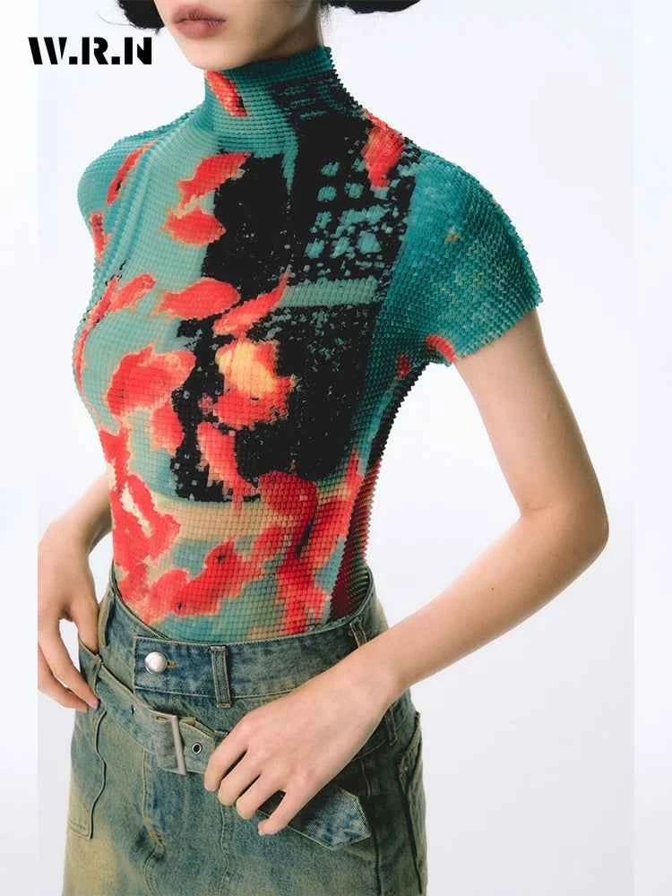 Women Bodycon T-Shirts Short Sleeve Tie Dye Tees Stretch Crop Tops Goblin Core 2000s Coquette Gyaru Aesthetic Kpop Kawaii Summe