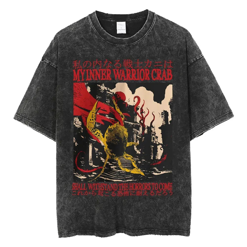 Creepy Cute Animal Graphic T-Shirts Vintage Washed Black Tees Funny Horror & Relatable Quotes Perfect for Anime Fans Streetwear