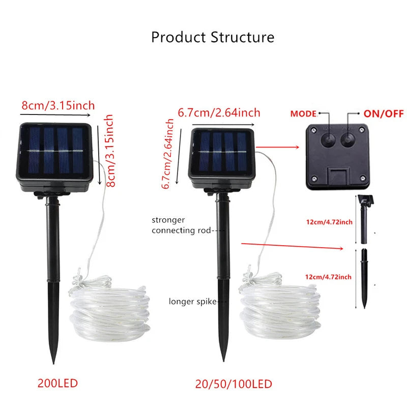 100LED Solar Tube String Light 8 Kinds Of Waterproof Outdoor Led Warm White Copper Wire Light For 2024 Garden Decorative Lights
