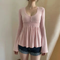 Women Solid Lace Trim Patchwork Button Flared Sleeves Shirt Casual V Neck Knit Top Y2k Aesthetic Fall Clothes Fairycore