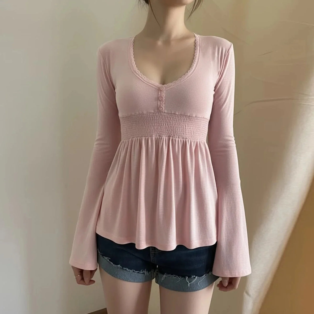 Women Solid Lace Trim Patchwork Button Flared Sleeves Shirt Casual V Neck Knit Top Y2k Aesthetic Fall Clothes Fairycore