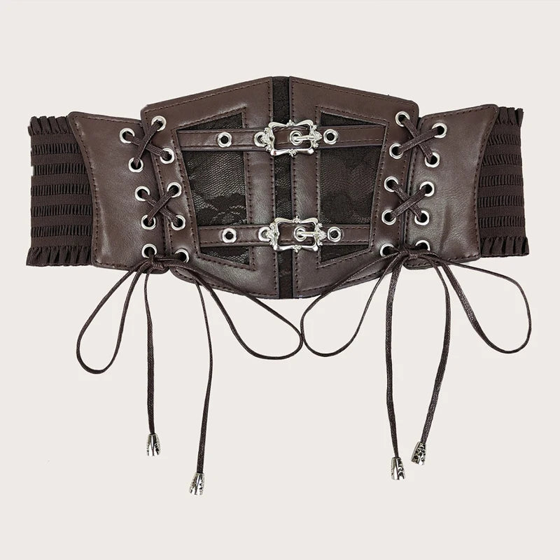 Lace Corset Punk Black Wide Belt With Chain Pu Leather Slimming Body Belts for Women Elastic High Waist Belt Female Cummerbunds