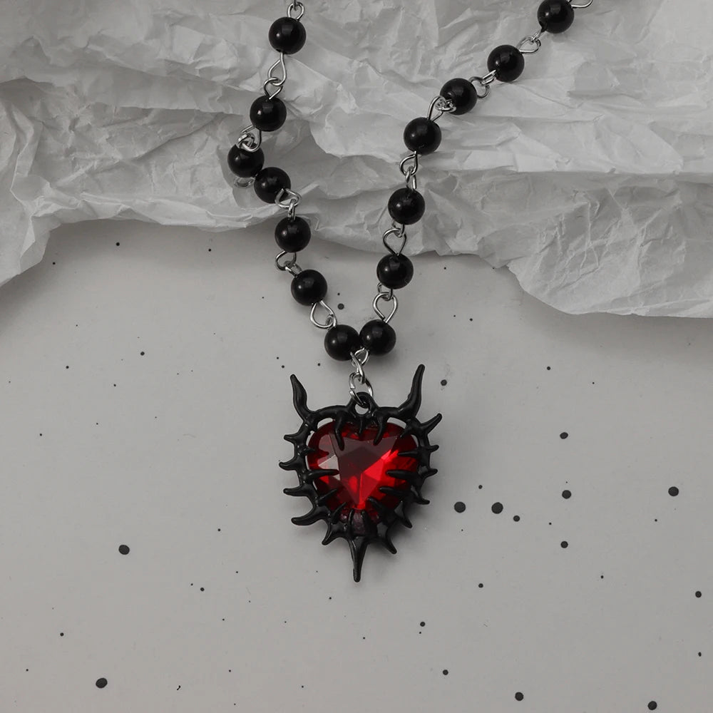 Gothic Bat Cross Dark Pendant Necklace Set, Y2K Personalized Thorn Love Black Bead Stacked Necklace Set, Suitable as Halloween G