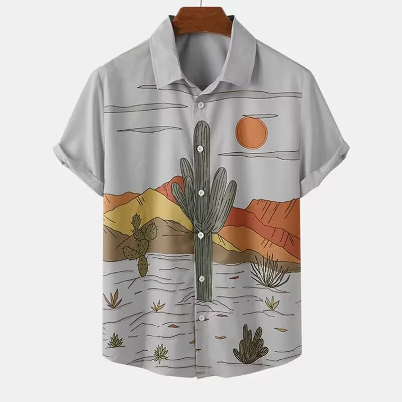 Fashion Men's Cactus Desert Printed Shirts Casual Hawaiian Beach Resort Shirt Summer Natural Landscape Vintage Printed Shirts