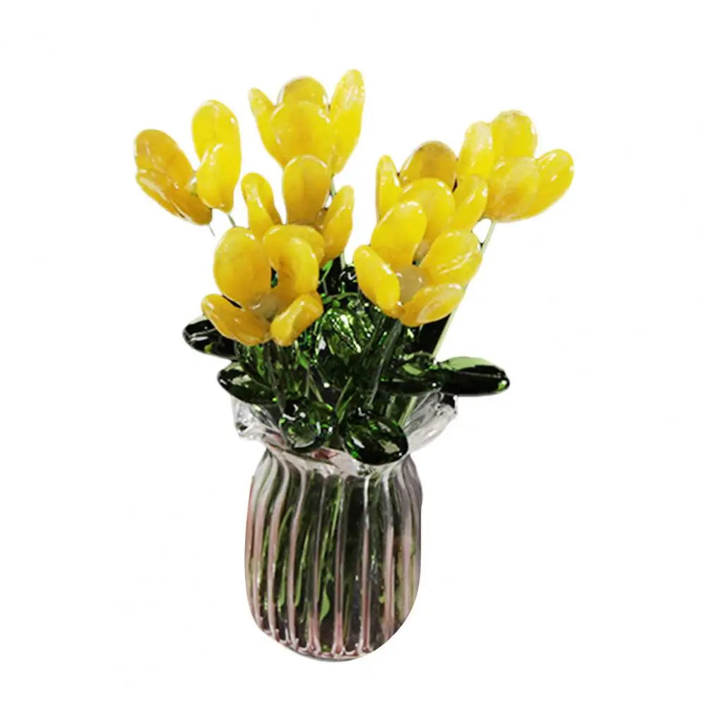 Glass Flower Decor Handcrafted Floral Sculpture Hand-blown Glass Flower Bouquet with Vase Mini Floral Decoration for Home Room