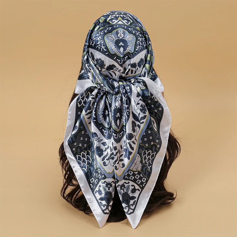 Satin Square Scarf Women Muslim Hijab Elegant 2025 Print Silk Neckerchief Shawl Wraps Headband Handle Hair Accessories Bandana