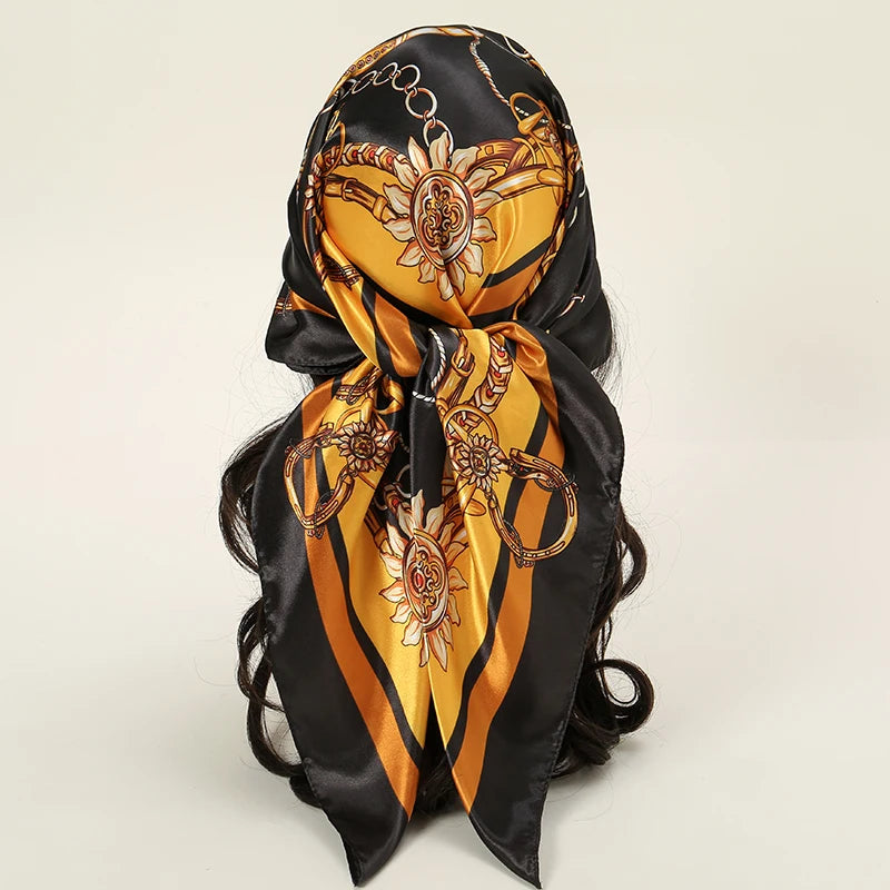 Satin Square Scarf Women Muslim Hijab Elegant 2025 Print Silk Neckerchief Shawl Wraps Headband Handle Hair Accessories Bandana