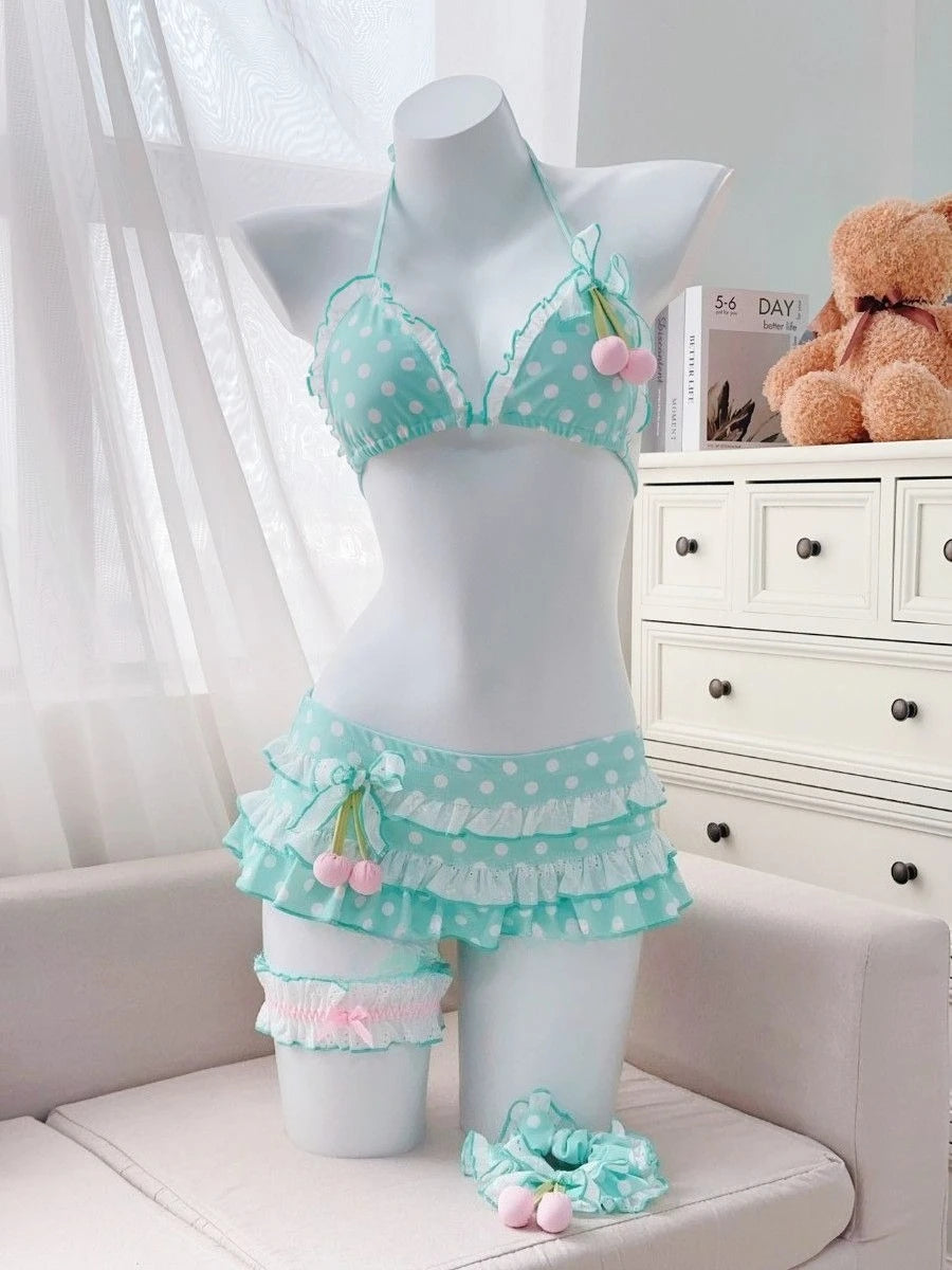 Women Y2k Sweet Bikini Set Japanese Kawaii Print Ruffles Lolita Swimsuit Crop Top + Skirt Two Piece Swimwear Beach Wear