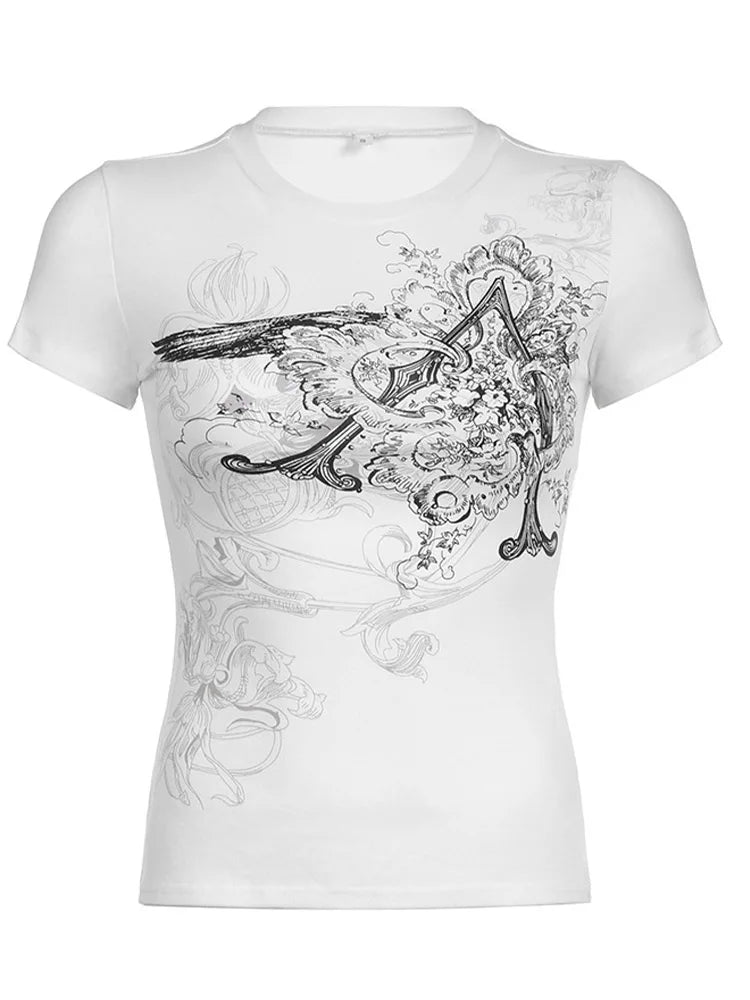 Retro Graphic Crop Top White Short Sleeve O Neck Casual T Shirt for Women Y2K Aesthetic Vintage Basic Tees Ladies Clothes