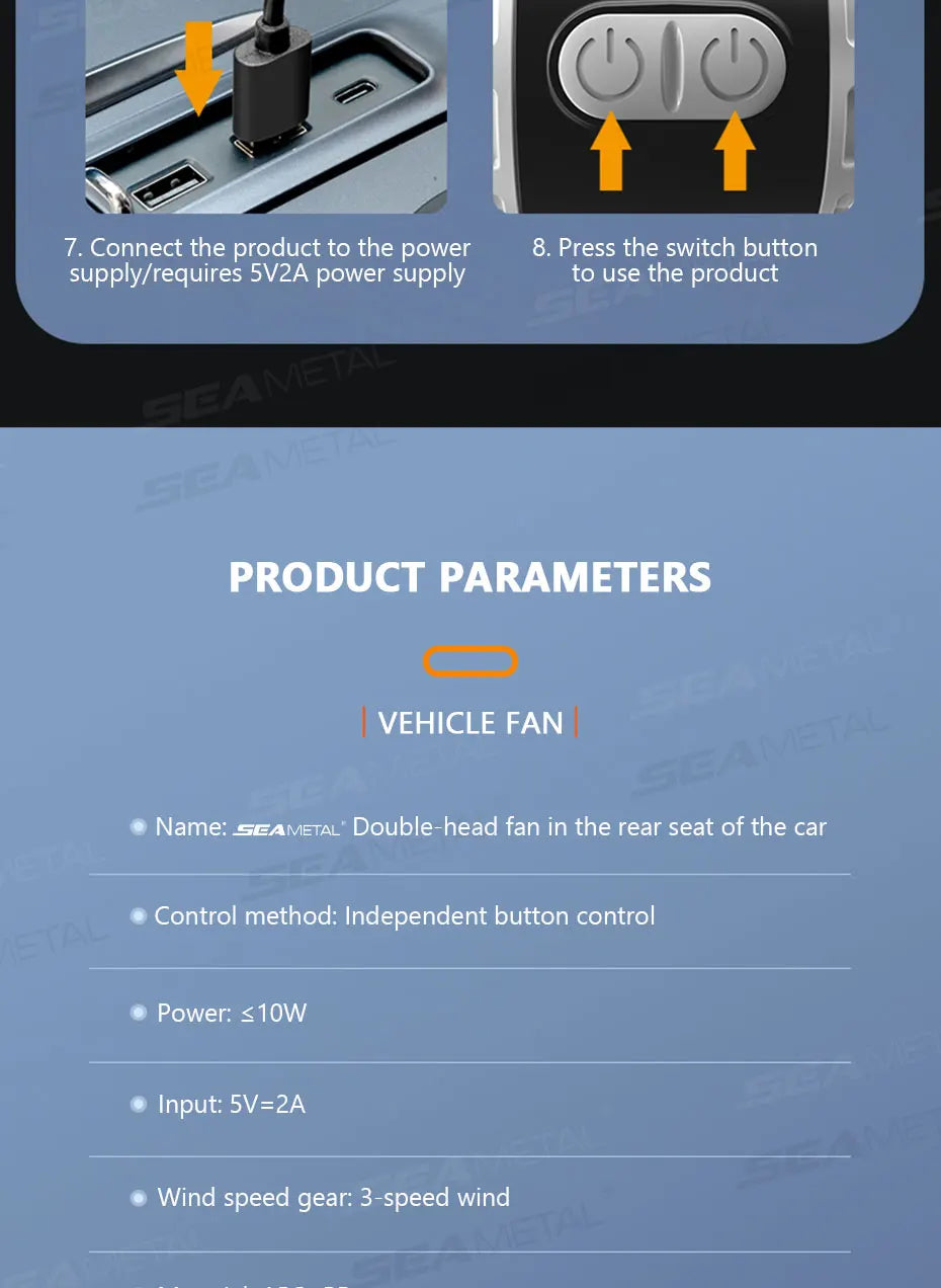 SEAMETAL Car Cooling Fan Headrest Double Head Fans Multi Angle Rotation 3 Speed Adjustable Cooler Air Fan for Car Accessories