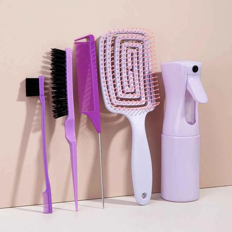 5pcs comb set Relaxing Elastic Massage Comb Hollow Out Hair Brush Scalp Massage Combs Hair Styling Spray bottle Hair Salon Tools