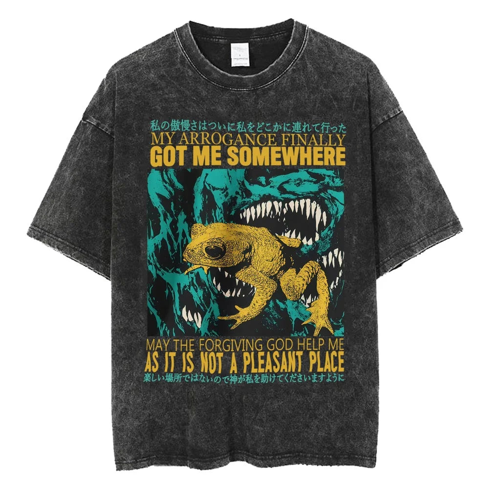 Creepy Cute Animal Graphic T-Shirts Vintage Washed Black Tees Funny Horror & Relatable Quotes Perfect for Anime Fans Streetwear