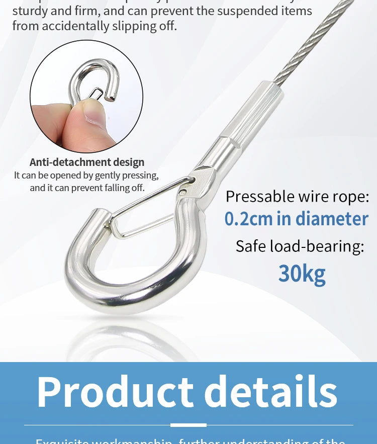 2mm Adjustable Steel Cable Suspension Kit, Heavy-Duty Hook for Steel Wire Rope Capable of Bearing 30kg, Extendable Clothesline