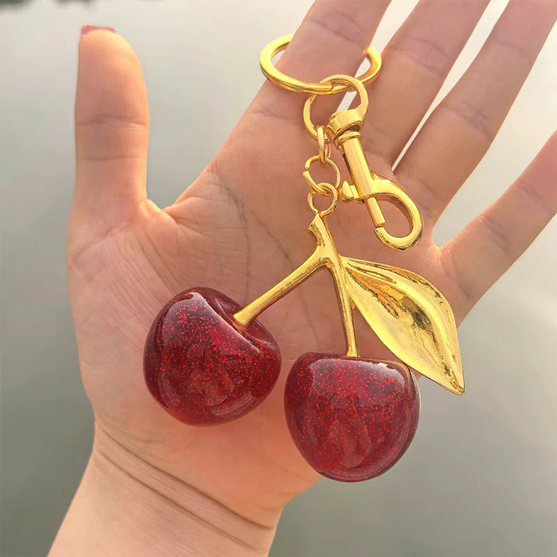 Fashion Delicate Red Cherry Charm Keychain 3 Color Gold Silver Keyring Elegant Women's Backpack Purse Charm Earrings Jewelry