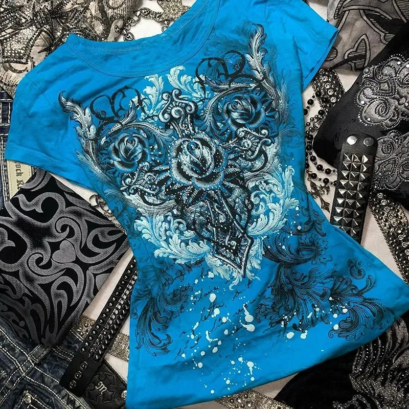 Women's Y2k Grunge T-Shirts 2000s Vinage Rhinestone Print Heart Rose T-Shirt Aesthetics Harajuku Round Neck Tops street fashion