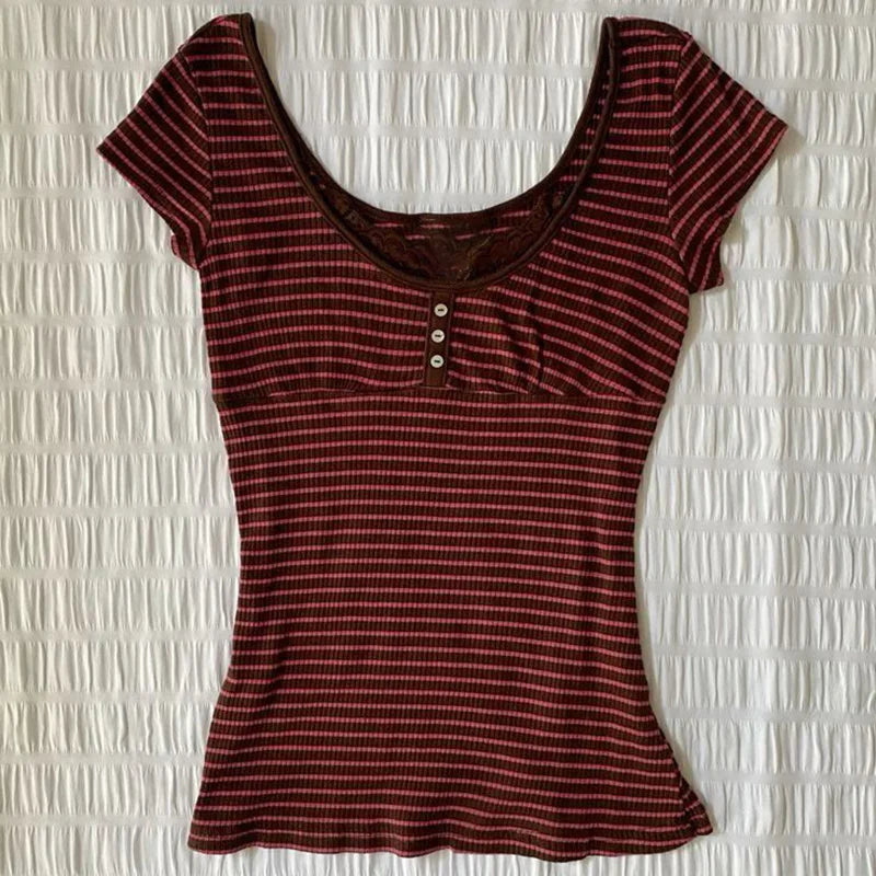 Stripe pattern casual tops chic cotton fashion Y2K tops cute silm rock aesthetic urban emo girls hip hops harajuku women t-shirt