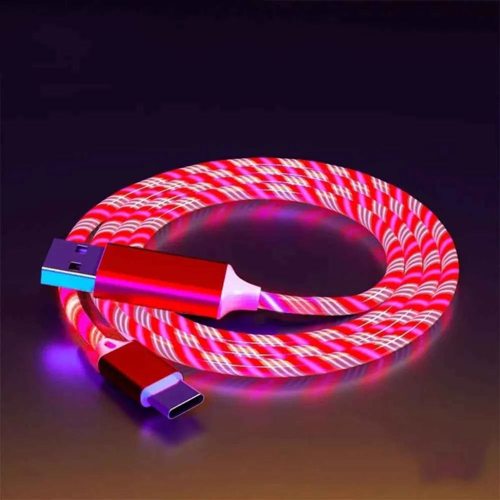Glowing LED 3 IN 1 Cable For Samsung Xiaomi iPhone Flowing Streamer Light Fast Charger USB C Cord Luminous Type C Cable