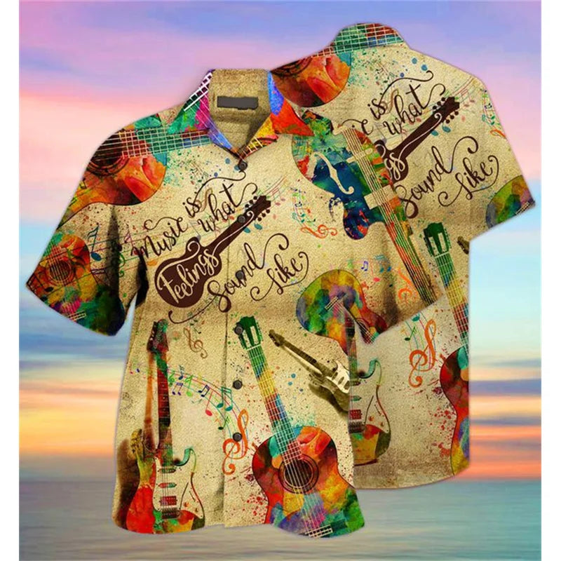 Guitar Bass Pattern Hawaiian Shirts For Men Vintage Musical Instrument 3D Printed Blouse Summer Loose Aloha Shirts Short Sleeves