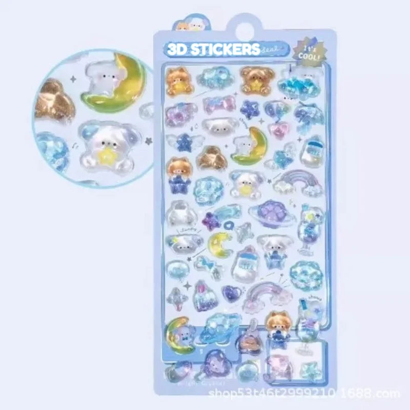 300Pcs/50pc Kawaii Cartoon 3D Relief Sticker Cute Crystal Jelly Patch for Mobile Phone Case Mirror Scrapbook Journal Animal Deco