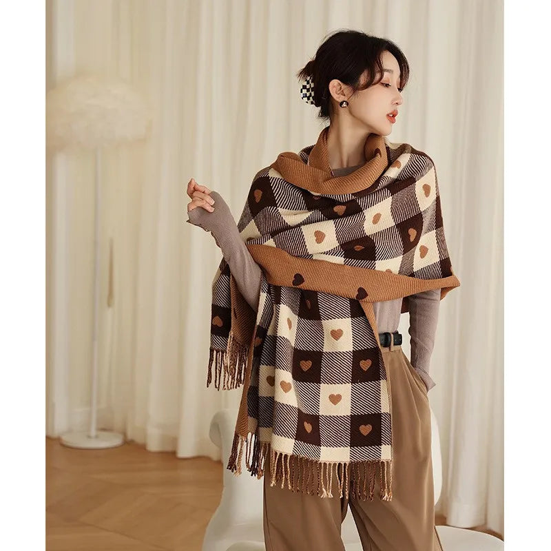 Women’s Plaid Heart-Shaped Winter Blanket Shawl Scarf