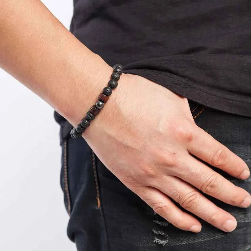 8mm Volcanic Stone Bracelet for Men Lava Wooden Beads Bracelet Tibetan Buddha Male Wrist Chain Jewelry Handmade Elastic Bracelet
