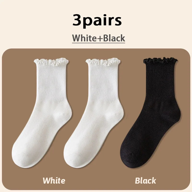 Harajuku Ruffle Socks Women Girls Sweet Cotton Middle Tube Black White Socks Jk Lolita Soft Breathable Ankle Loose Short Sock