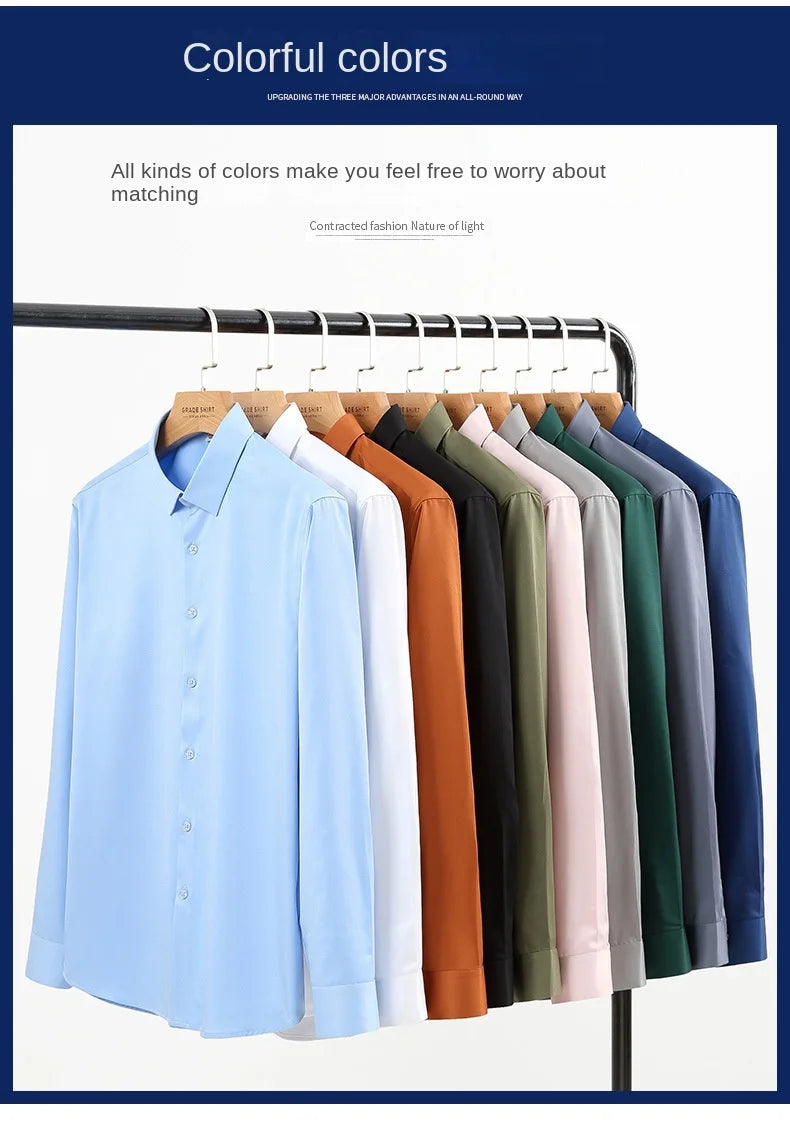Summer shirt, men's white glossy non ironing shirt, men's wrinkle resistant ice silk casual high-end seamless business shirt