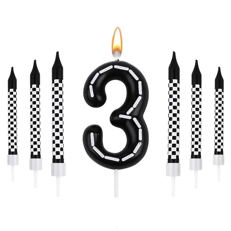 7Pcs/set Racing Cars Birthday Number Candles Black White Checkered Themed Cake Topper Kids Boys Birthday Party Decoration Favors