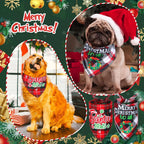 Two dogs wearing Christmas-themed bandanas with festive text and decorations on a green background.