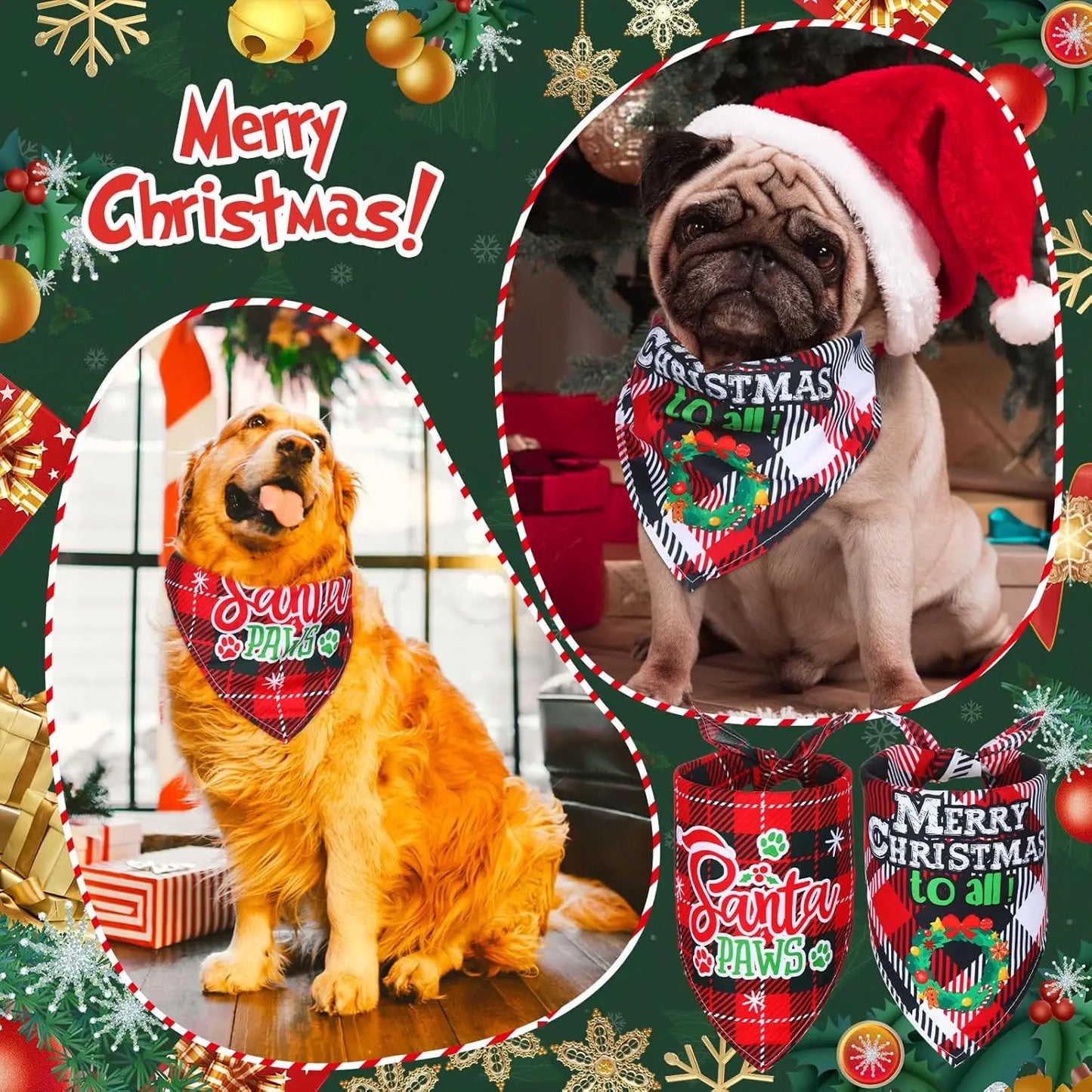 Two dogs wearing Christmas-themed bandanas with festive text and decorations on a green background.