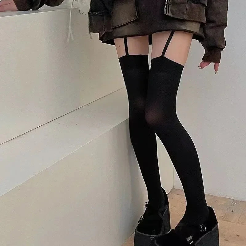 Women Suspender Wide-banded Velvet Tights Lolita Thin Thigh High Stockings with Garters Y2K JK College Style Over The Knee Socks