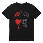 Women'S Gothic Cherry & Skull Graphic T-Shirt - Maroon & Black Contrast Short Sleeve Top with Red Fruit & Bone Design, Medium Stretch Round Neck Casual Tee for Spring Summer Fall, Machine Washable Regular Fit Gothic Everyday