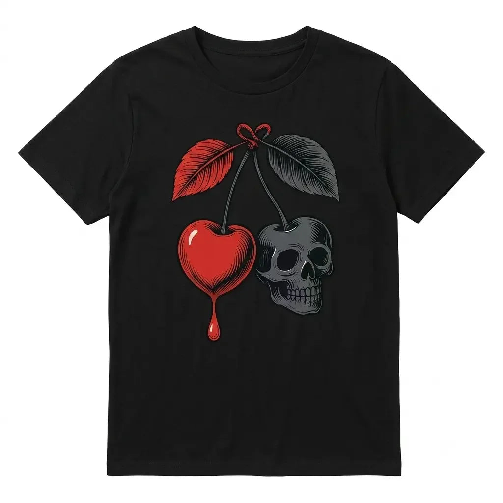 Women'S Gothic Cherry & Skull Graphic T-Shirt - Maroon & Black Contrast Short Sleeve Top with Red Fruit & Bone Design, Medium Stretch Round Neck Casual Tee for Spring Summer Fall, Machine Washable Regular Fit Gothic Everyday