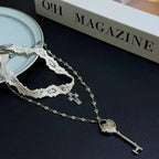 Y2K White Lace Cross Strap Key Choker Necklace for Women Sweet Cool Heart Chain Double Layer Necklace Fashion Party Jewelry Gift