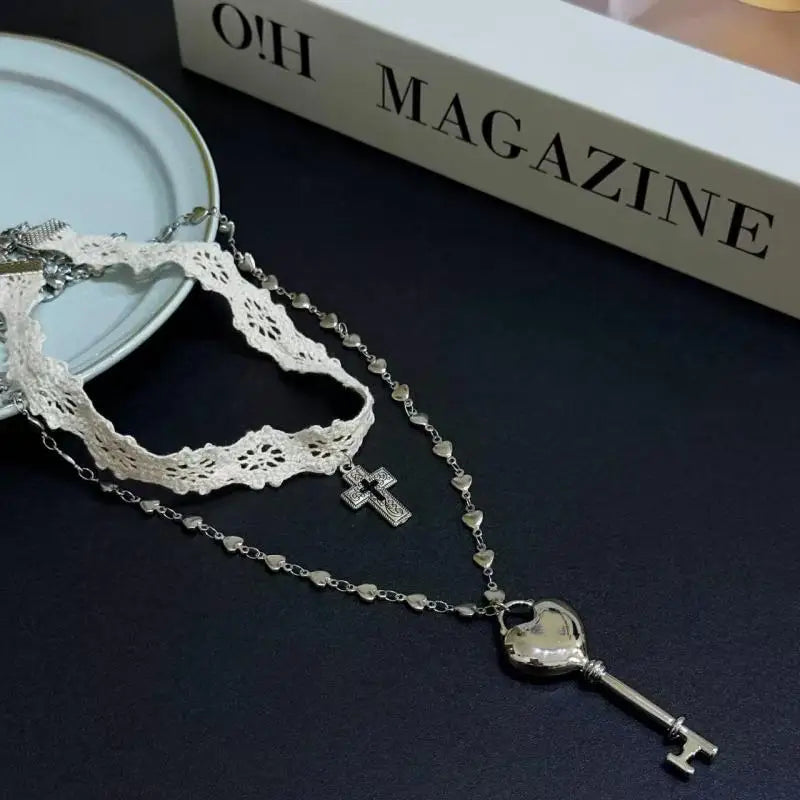 Y2K White Lace Cross Strap Key Choker Necklace for Women Sweet Cool Heart Chain Double Layer Necklace Fashion Party Jewelry Gift