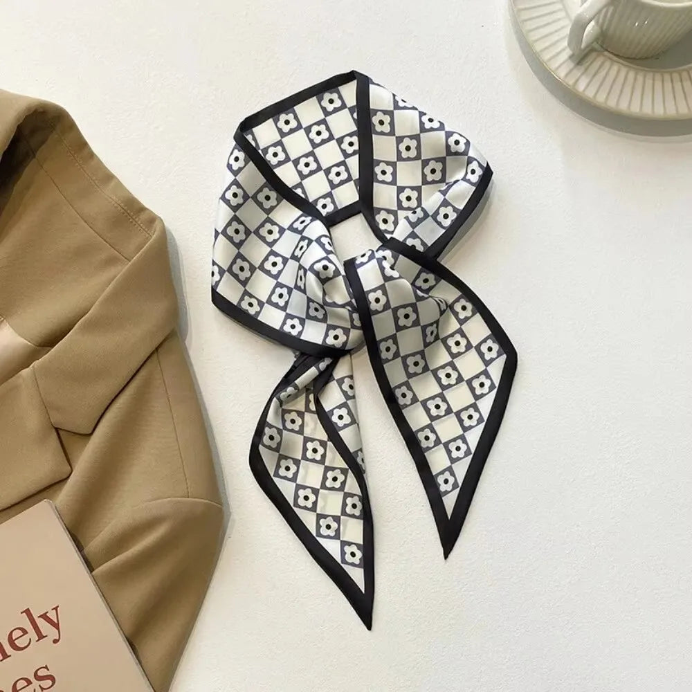 Fashion Print Silk Skinny Hair Scarf For Women Narrow Ribbon Tie Handle Bag Band Bandana Neckerchief