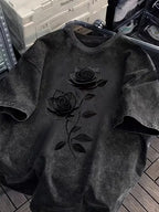 Dark Black Rose Graphic Print T Shirt Washed Vintage Casual Loose Streetwear Daily Wear Short Sleeve Goth Top for Women