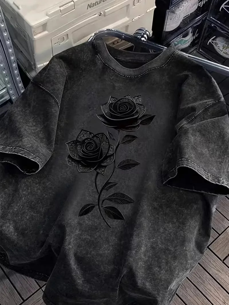 Dark Black Rose Graphic Print T Shirt Washed Vintage Casual Loose Streetwear Daily Wear Short Sleeve Goth Top for Women