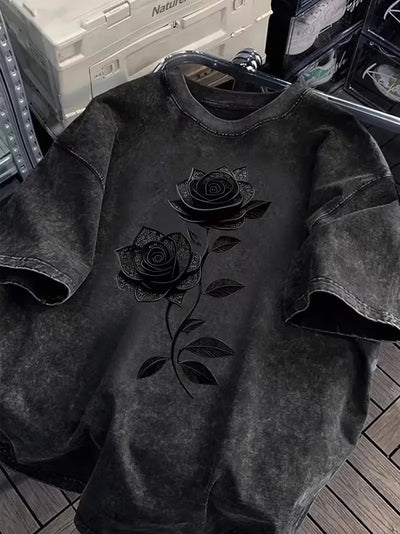 Dark Black Rose Graphic Print T Shirt Washed Vintage Casual Loose Streetwear Daily Wear Short Sleeve Goth Top for Women