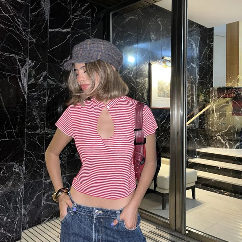 Stripe pattern casual tops chic cotton fashion Y2K tops cute silm rock aesthetic urban emo girls hip hops harajuku women t-shirt