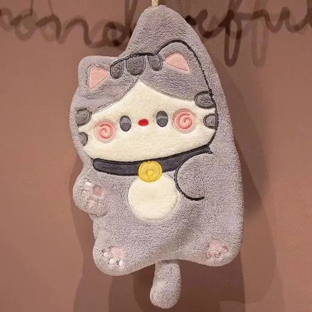 Cute Cat Hand Towel Quick Drying Kitchen Cleaning Rag Coral Velvet Cartoon Animal Absorbent Bathroom Hanging Towel Home Supplies