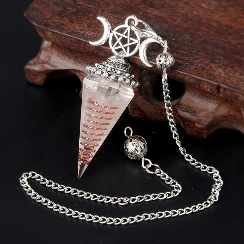 54x24mm Natural Stone Crystal Reiki Pendulum Three Phases Moon Hexagonal Cone Amethysts Charms for Jewelry Making DIY Necklace