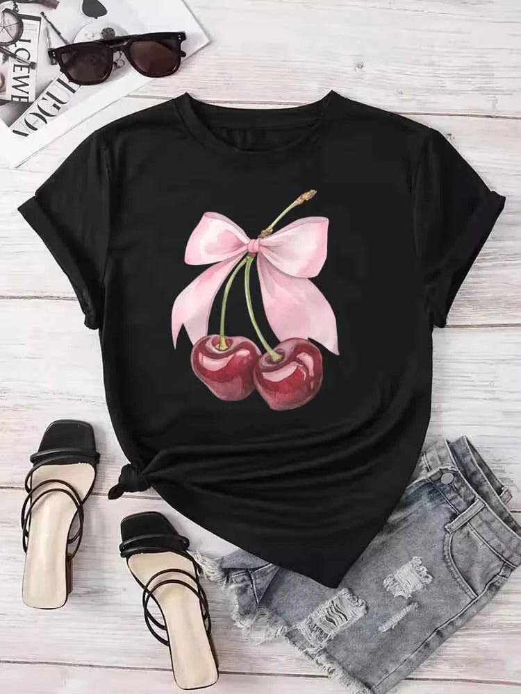 Fashion Cherry Print Women T-Shirt Short Sleeve Crew Neck Casual Tops for Summer Spring Women's Clothing Tops Tees