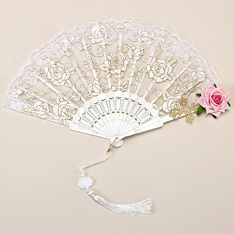 1pc/2pcs Vintage Spanish Flamenco Rose Lace Handheld Fan Elegant Black Folding Fan for Parties And Weddings