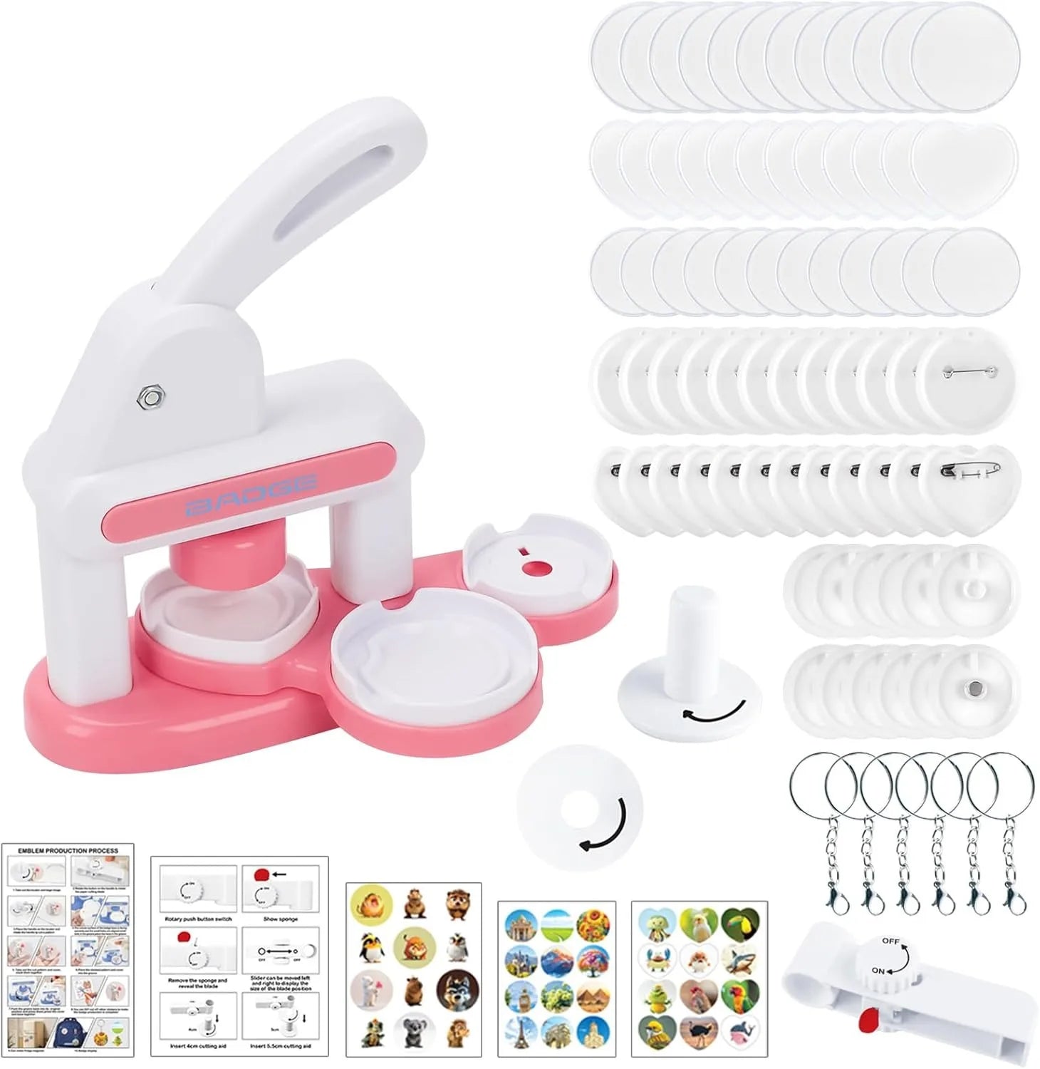Badge Maker for Kids, DIY Pin Button Badge Maker Machine, Portable Press Machine Badge Punch Kit with 48 Patterns Badges