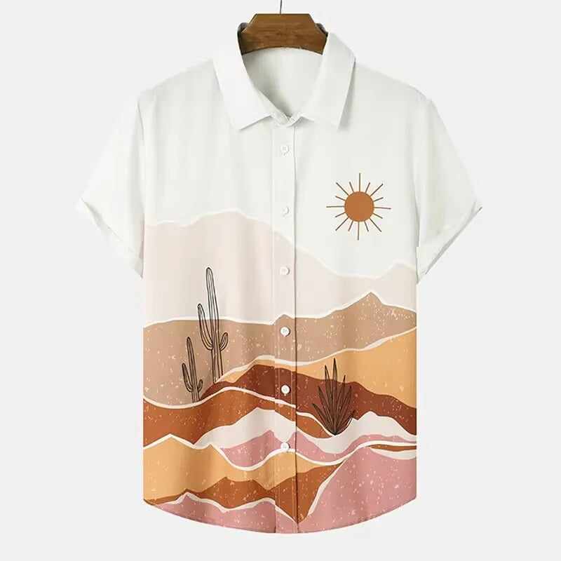 Fashion Men's Cactus Desert Printed Shirts Casual Hawaiian Beach Resort Shirt Summer Natural Landscape Vintage Printed Shirts