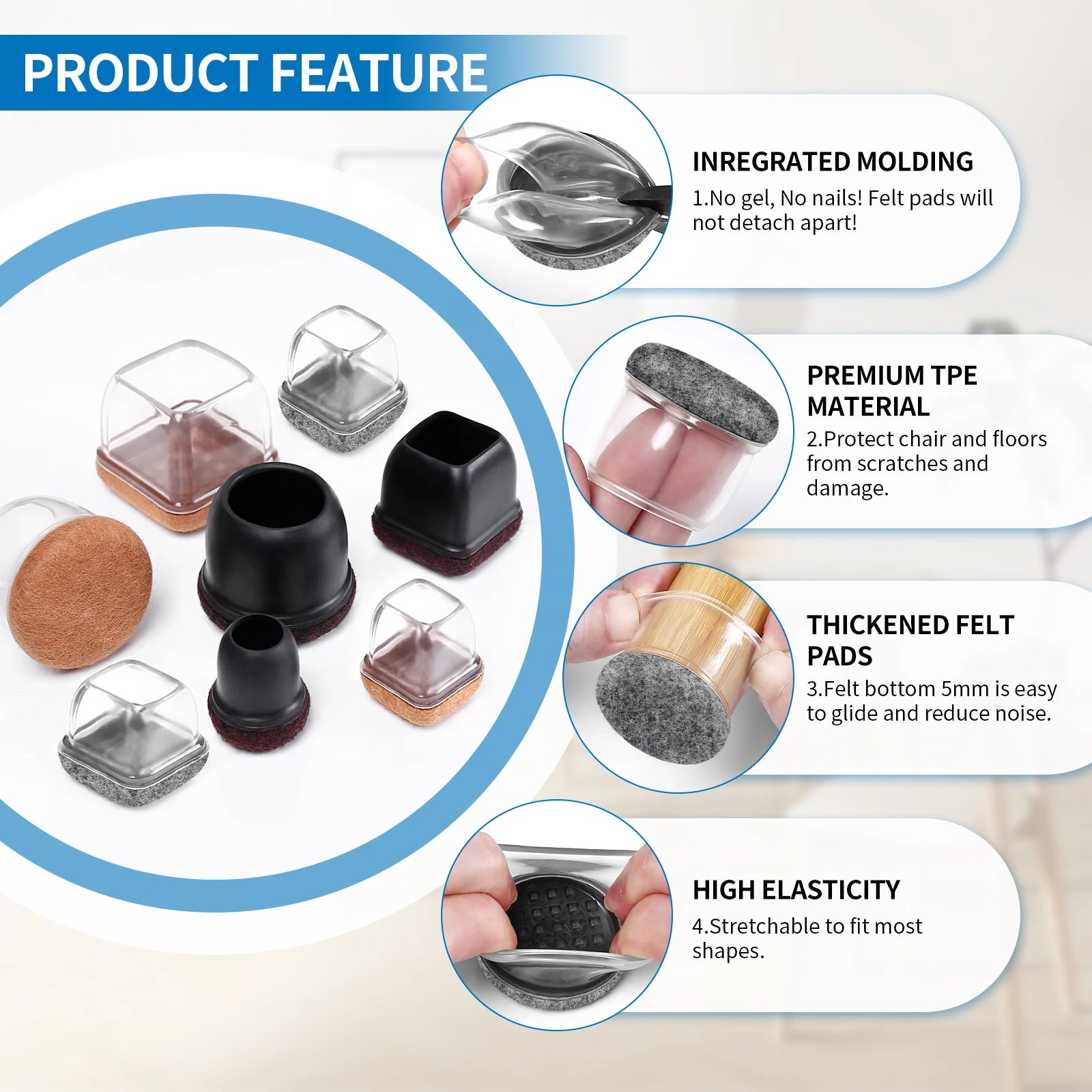 16PCS Silicone Chair Leg Caps Non-Slip Prevent Scratches Silent  Hardwood Floor Protector Waterproof Felt Furniture Feet Pad