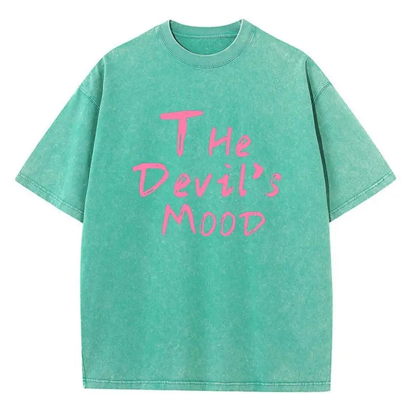Fashion Womans Cotton Washed T-shirts The Devil's Moon Letter Prints Tops Casual O-Neck Oversize Tees Street Female Clothes