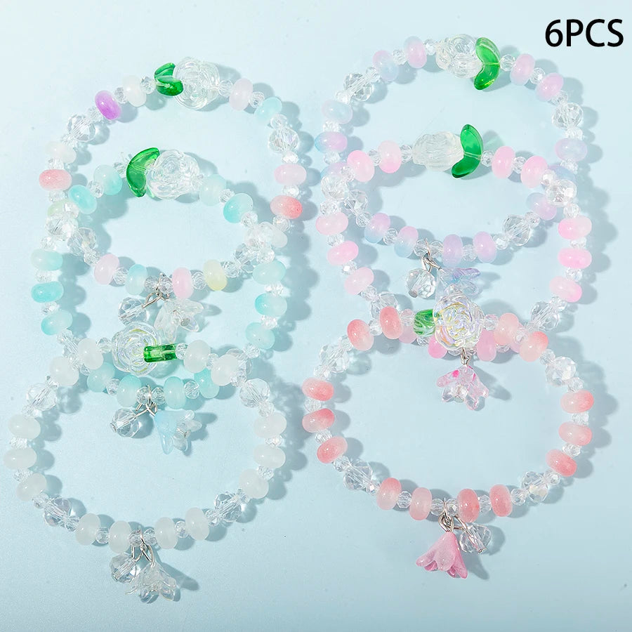 6pcs/set Flower Butterfly Charms Bracelet Elastic Bracelet Colorful Glass Beads Bracelet For Women Girls Fashion Jewelry Gifts