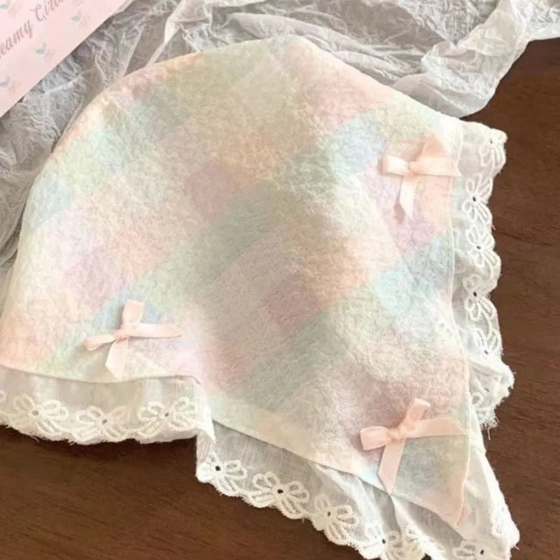 Korean Lace Bow Retro Triangular Scarf Solid Color Headscarf Trend Elegant Headwear for Women Girl Y2K Jewelry 2024 INS Bandana